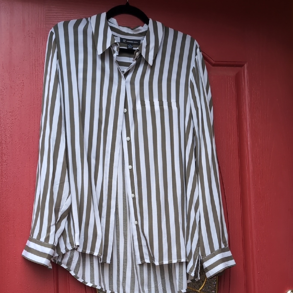 NWT - INC  Women's Striped Button Down Shirt - Olive Green & White